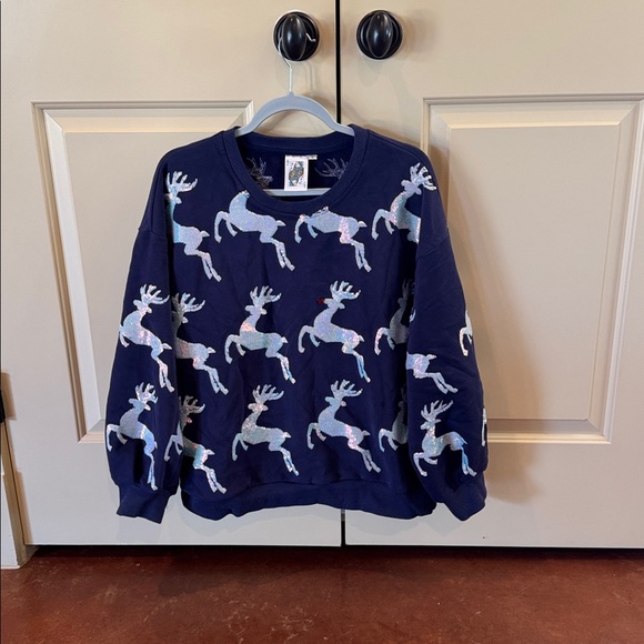 Queen of Sparkles Navy Sweatshirt with Sequin Reindeer and Rudolph New Listing - Picture 10 of 10